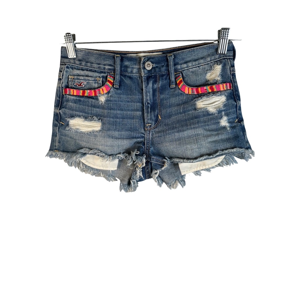Hollister Women‎ Blue Distressed Embroidered Cut Off Denim Shorts Size 25
